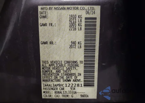 2015 Nissan Altima 2.5 Sv z USA, uszkodzony, nr VIN 1N4AL3AP9FC122281